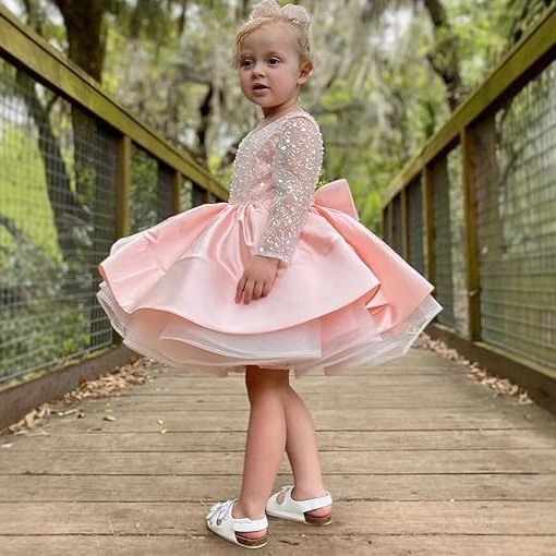 Sprankelende prinsessenjurk voor meisjes – Baljurk met lange mouwen van glittertule, roze/wit/blauwe formele feestjurk voor bloemenmeisjes en speciale gelegenheden_voghion.com