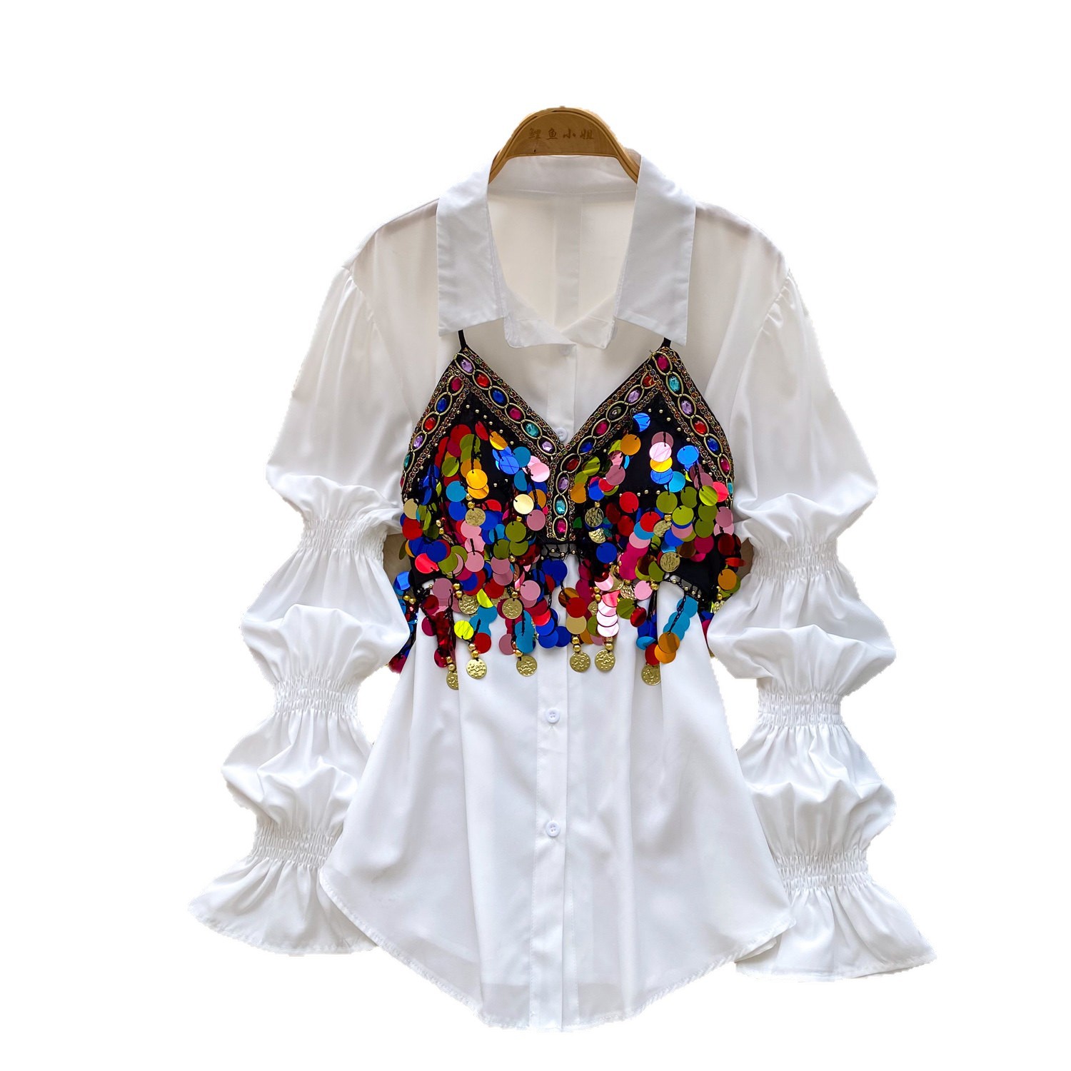 Minimalistisches, elegantes Pailletten-Camisole-Top mit Laternenärmeln und taillierter Perlenverzierung – ein hochwertiges, vielseitiges Top_voghion.com