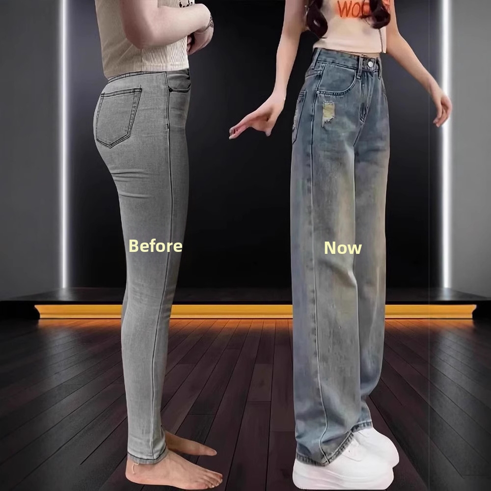 Jean slim taille haute pour femme, coupe droite, pantalon ample et amincissant à jambes larges, idéal pour les silhouettes menues, collection printemps._voghion.com