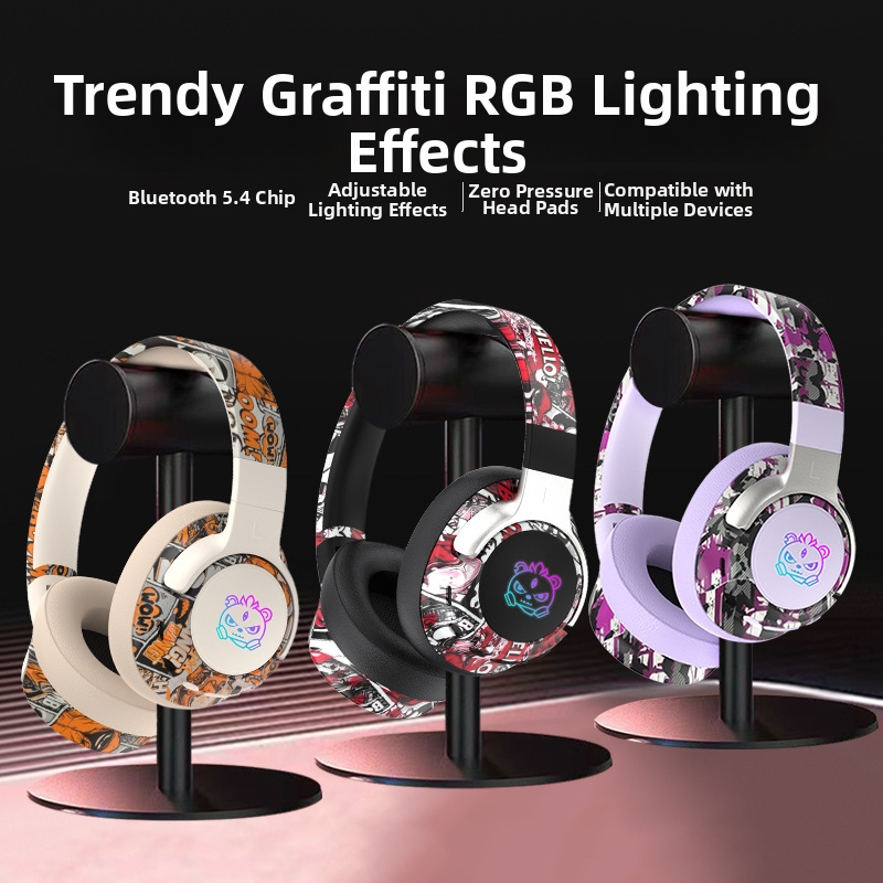 Graffiti Over-Ear Bluetooth Headphones – Wireless, 40H Playtime, LED Lights, Foldable & Rotatable, Bluetooth 5.4 (Painted Apricot/Black/Purple)_voghion.com