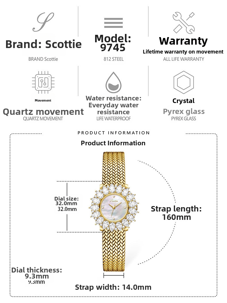 Women's Luxury Quartz Watch Mother Of Pearl Dial Mesh Strap_voghion.com
