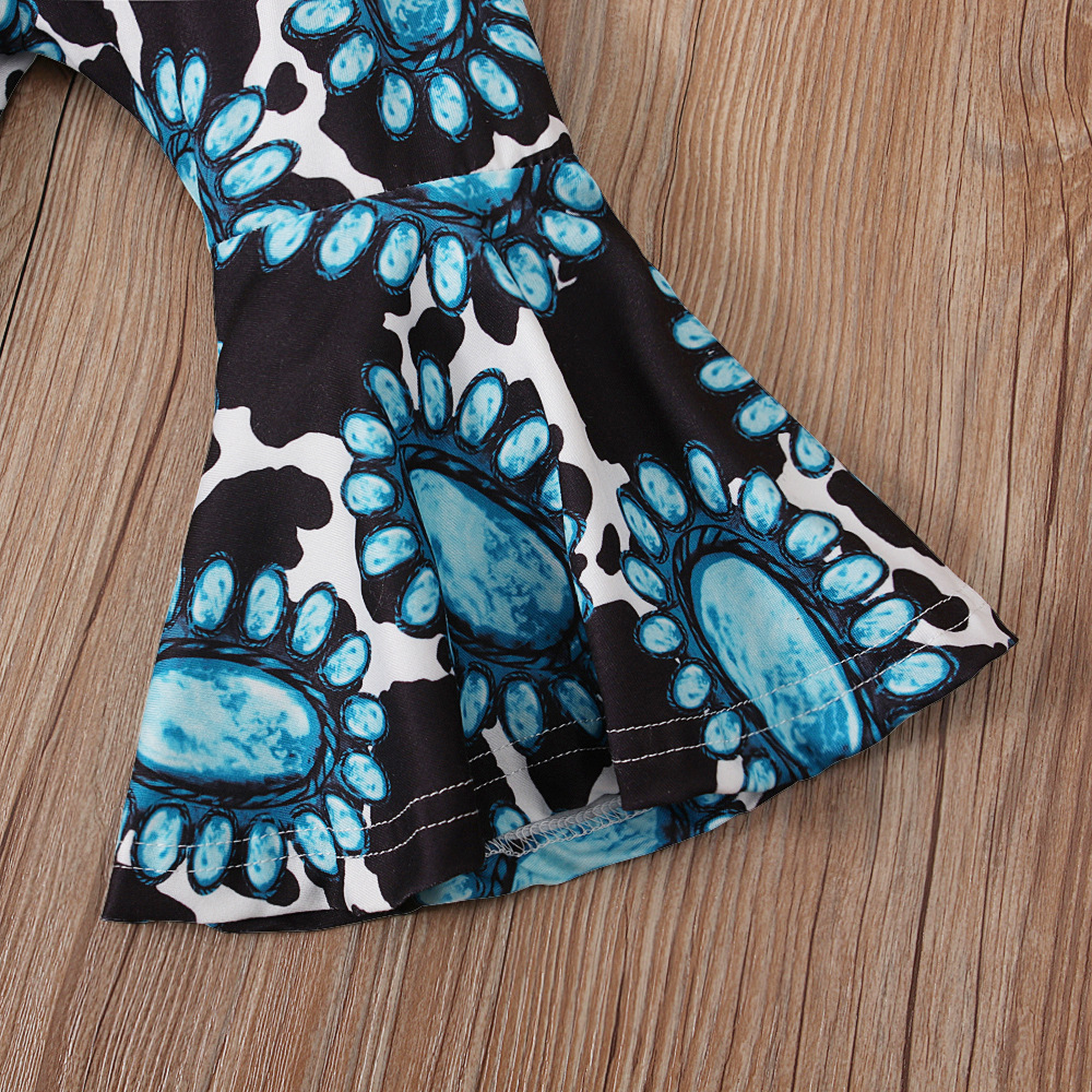 Girls Summer Two Piece Set Turquoise Print Top And Flared Pants_voghion.com