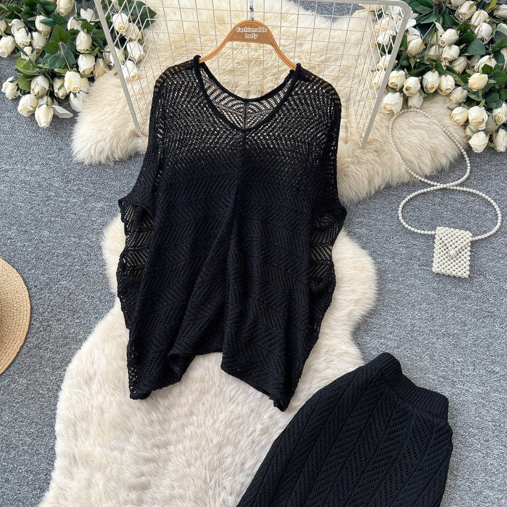 Women's French Style Hollow Knit Two Piece Set Soft Gentle Slim Fit Summer Elegant Commuting Suit_ecoleips.com