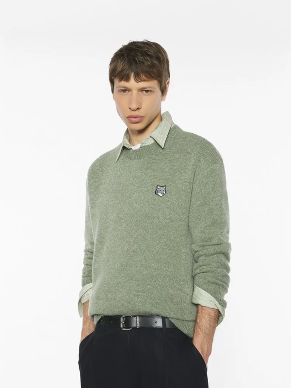 Mk Unisex Classic Gray Fox Head Retro College Wool Pullover