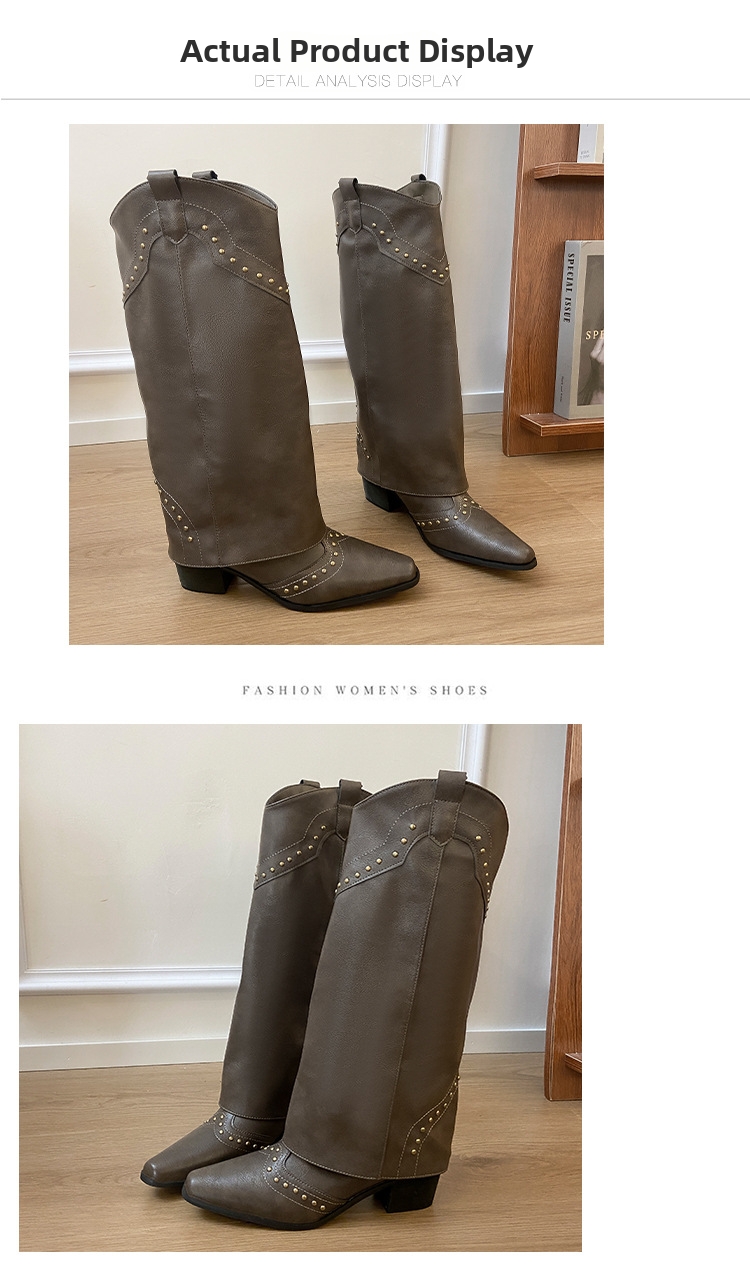 Women's Western Boots Square Toe Chunky Heel Brown Studded Style_voghion.com