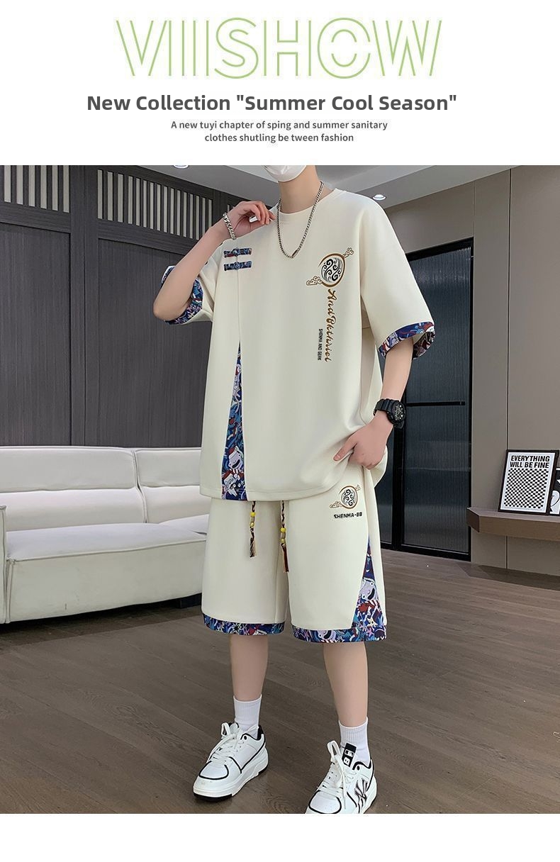 Men's Casual Sports Suit Short Sleeve High End Fashion Summer Trendy Light Luxury Black Gray Khaki Cotton Polyester Set_viptrois.com