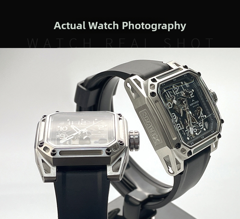 Square Mechanical Watch For Men Stainless Steel Luminous Skeleton_voghion.com