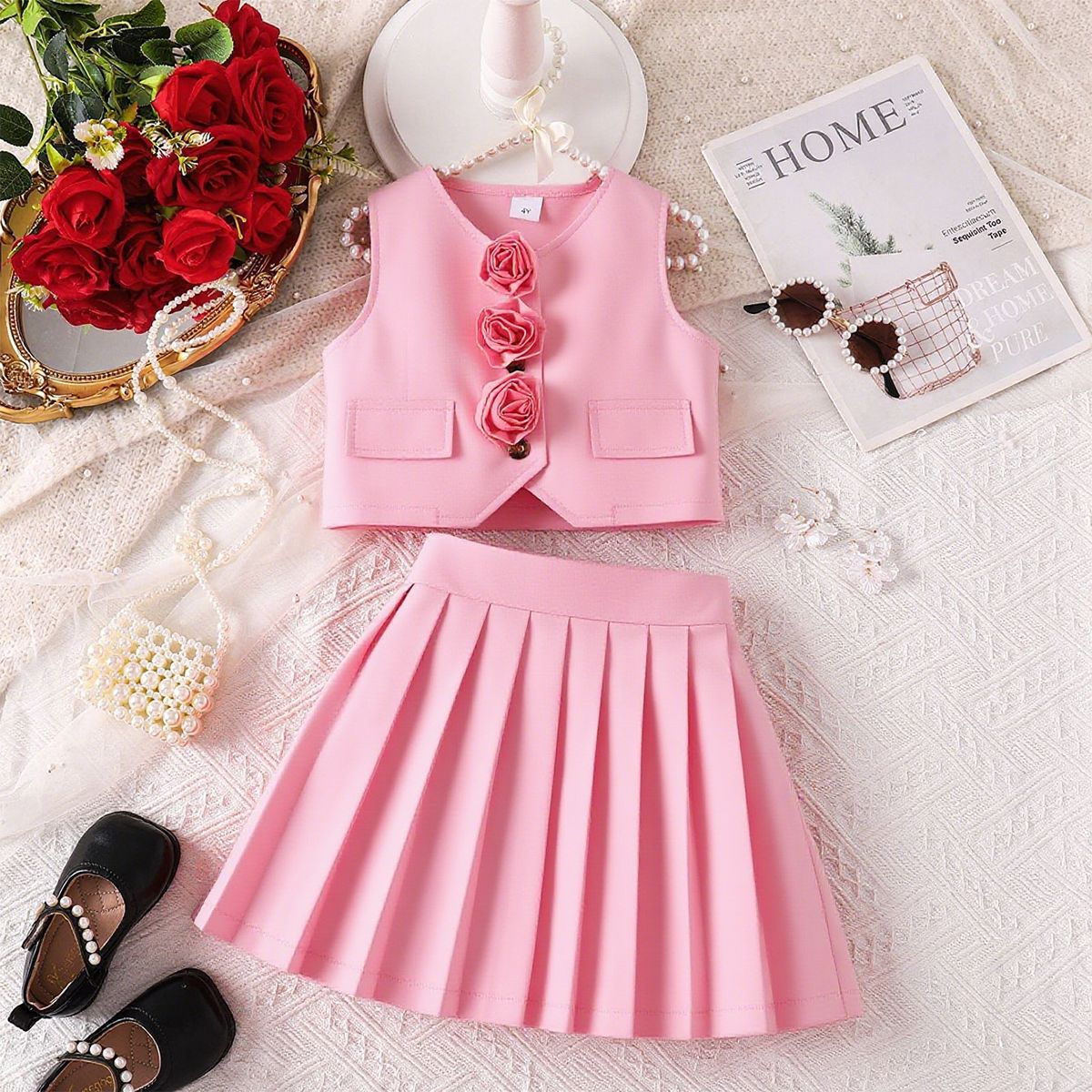 Sommerliches ärmelloses Hosenanzug-Set für Mädchen mit dreidimensionalem Rosenmuster, Weste und einfarbigem Faltenrock_voghion.com