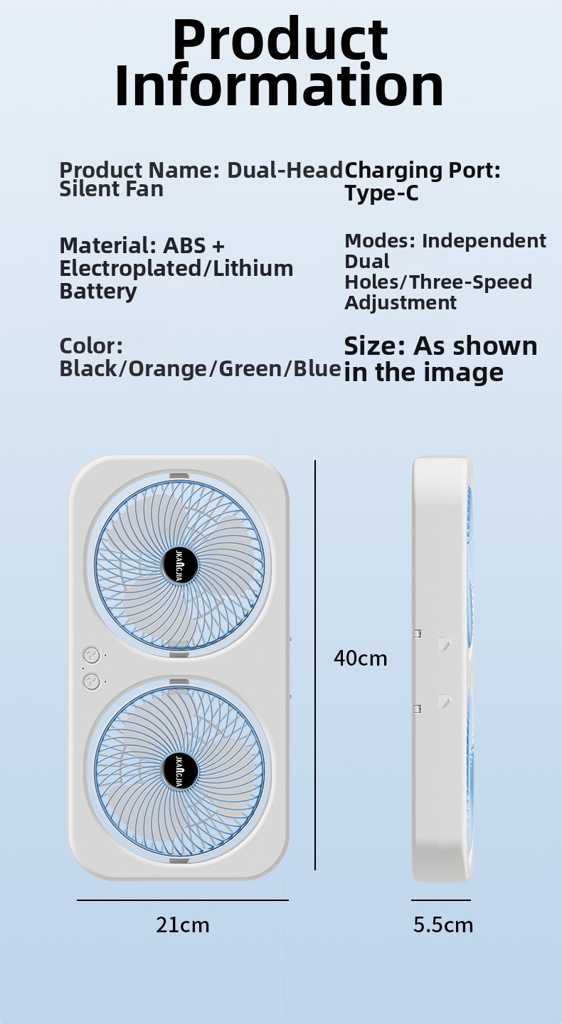 Dual Head Desktop Fan Rechargeable Oscillating Home Office Quiet_voghion.com