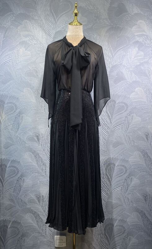 Fengpingying Export Women's Clothing 2025 Autum New Style Bow Tie Plain Beaded Long Dress Ready for Sale