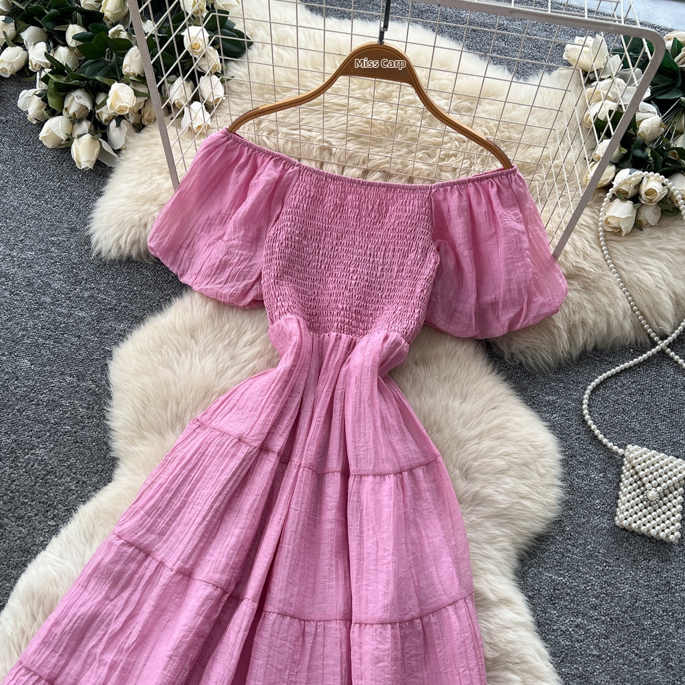 Women's French Style Off-Shoulder Puff Sleeve A-Line Maxi Dress Elegant Slimming Summer Vacation Dress_ecoleips.com