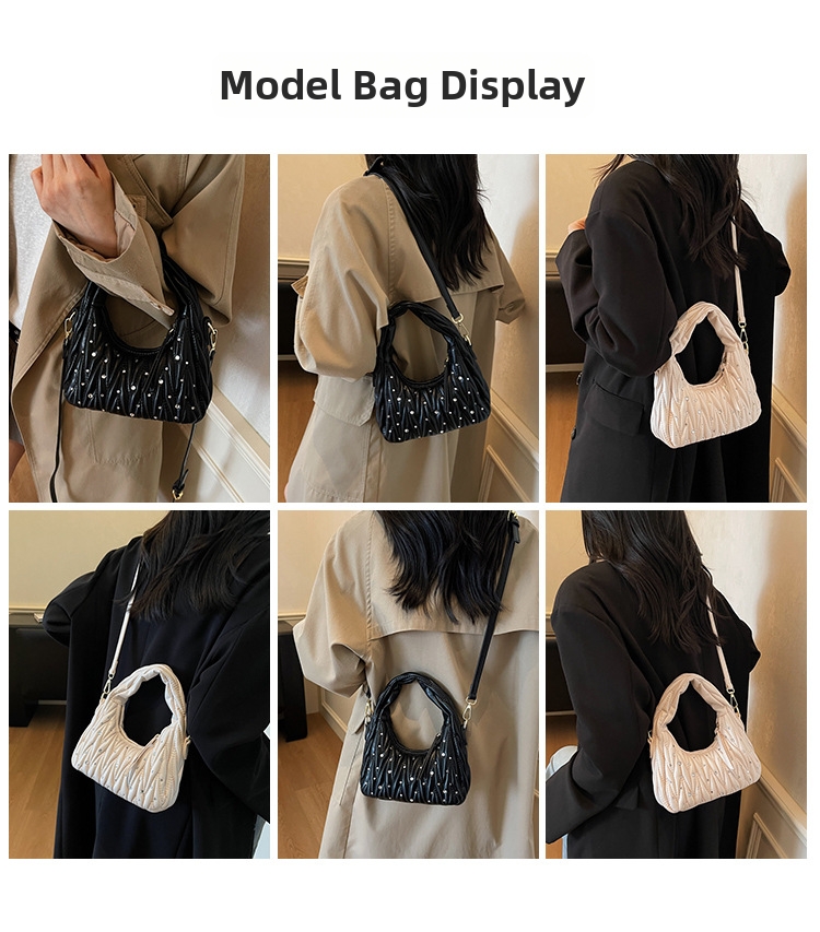 Borsa a tracolla da donna dal design plissettato alla moda con decorazioni di strass, borsa a tracolla casual di tendenza._voghion.com