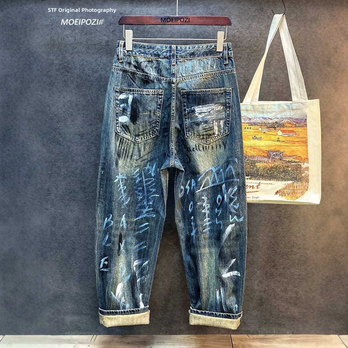 Men's Clothing Trendy Graffiti Printed Loose Straight Leg Jeans Personalized Washed Trousers Streetwear Jeans_mkmklike.com