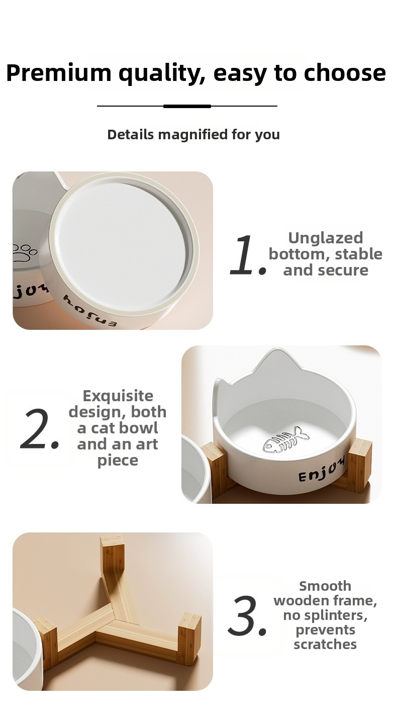 Ceramic Cat Bowl Elevated Pet Feeder With Wooden Stand_voghion.com
