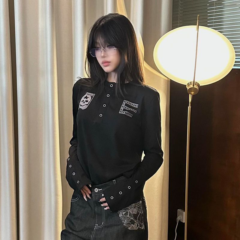 Y2K Subculture Henry Collar Base Shirt for Women, Early Autumn New Slim Fit Inner Wear, Curved Long-Sleeve T-Shirt, Visual Style Top