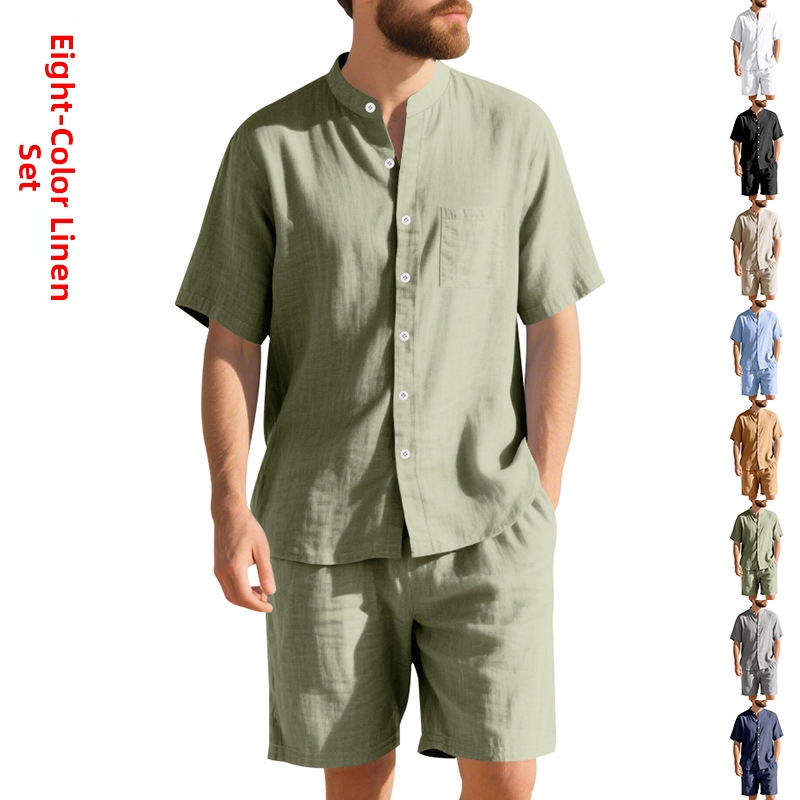 Completo estivo da uomo a due pezzi con camicia Henley e pantaloncini da spiaggia, stile americano, in lino, a maniche corte_voghion.com