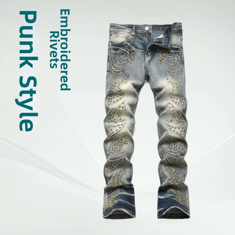 High Street Punk Style Embroidered Studded Men's Jeans Slim Fit Flared Distressed Trendy Long Pants New 2026_voghion.com