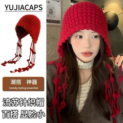 秋冬民族风流苏保暖毛线帽手工编织镂空包头帽女护耳套头针织帽子