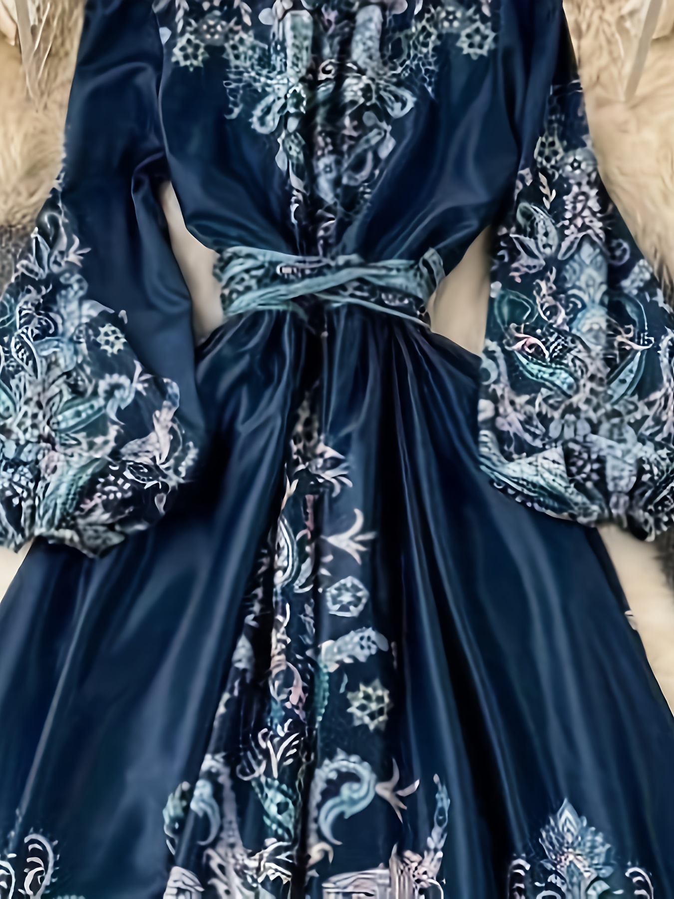 Women's Bohemian V-Neck Maxi Dress Long Sleeve Ethnic Print Belted Dress for Women_ecoleips.com