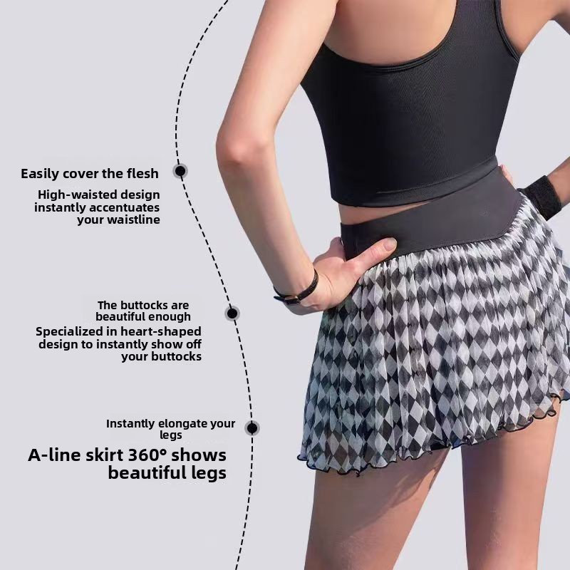 Women's sleeveless polo tennis top and checkered skirt detail