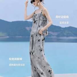 2026夏季新款国风印花阔腿裤套装女两件套小众超仙遮肉吊带背心