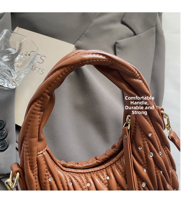 Borsa a tracolla da donna dal design plissettato alla moda con decorazioni di strass, borsa a tracolla casual di tendenza._voghion.com