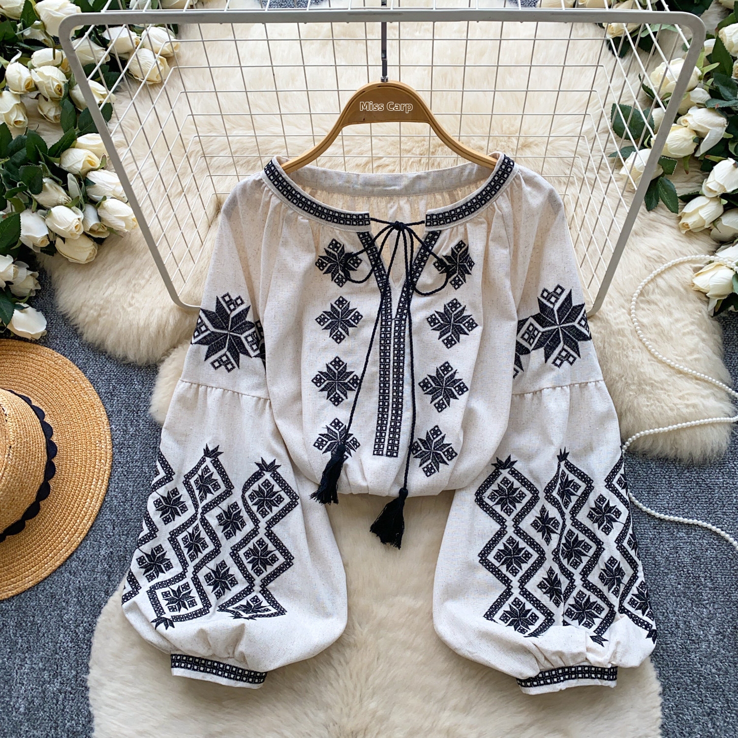 Women's Bohemian Style Tie Waist Blouse Korean Summer Loose Fit Top Heavy Embroidery Lantern Sleeve Slimming Blouse_ecoleips.com