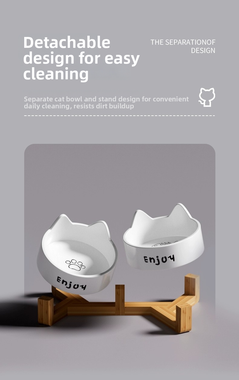 Ceramic Cat Bowl Elevated Pet Feeder With Wooden Stand_voghion.com