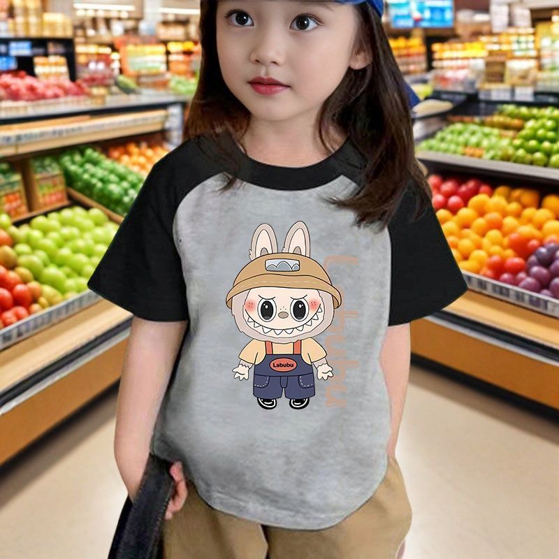 拉布布labubu新款儿童短袖T恤洋气夏季女童休闲百搭纯棉上衣卡通|undefined