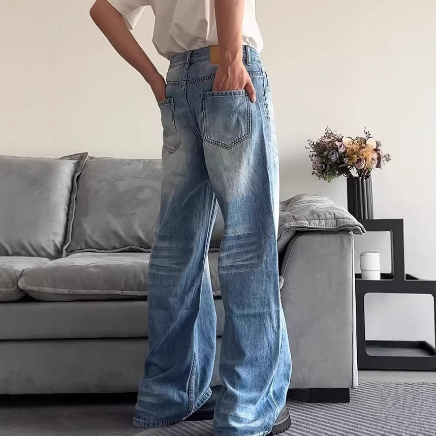 Men's Clothing Retro Denim Jeans Summer Wash Pleated Casual Loose Wide Leg Slimming Floor Length_mkmklike.com