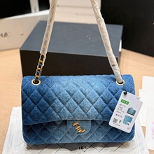 跨境 带标 香 渐变牛仔cf 奈 丹宁菱格纹链条包 儿 单肩包女