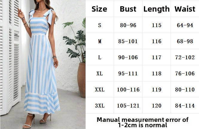 Women's Clothing High-Waisted Striped Patchwork Maxi Dress Spring/Summer Thin Lightweight Fresh Style_ecoleips.com