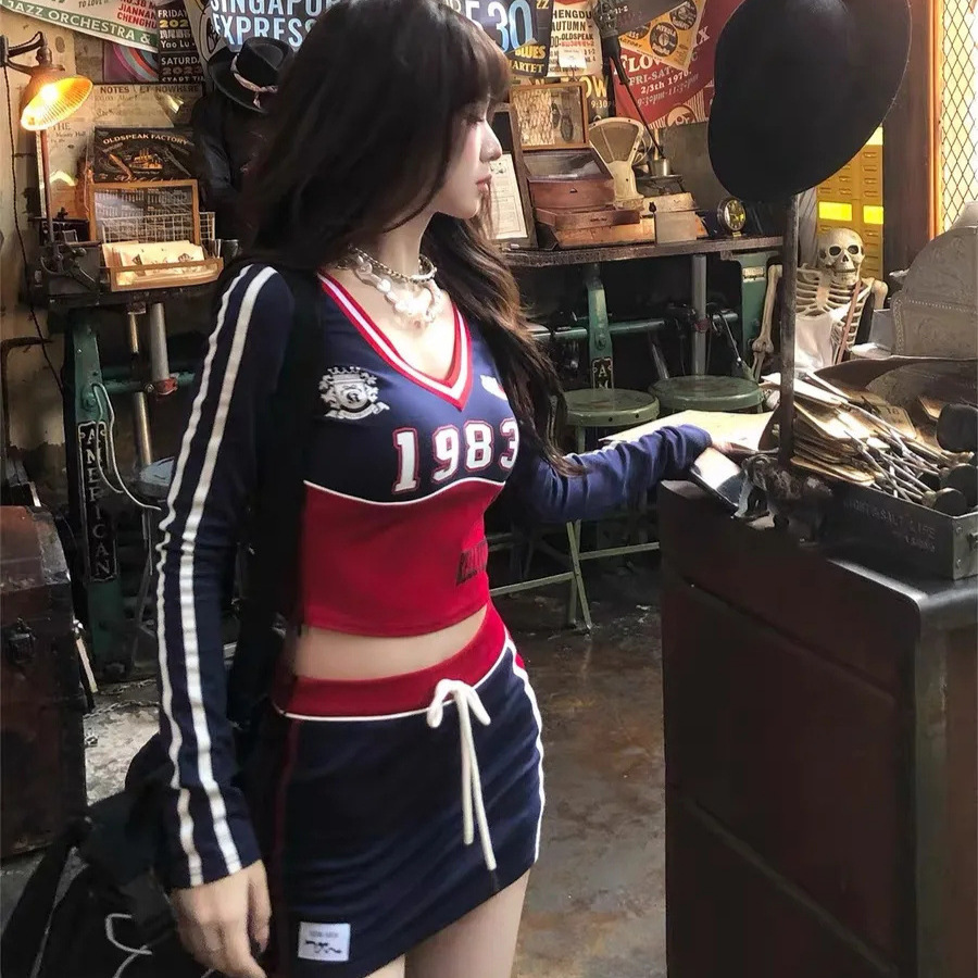 Women's Clothing Women's Sportswear Set Early Autumn Slimming Top Bodycon T-Shirt And Short Skirt Cheerleading Style Dopamine Infused Sweet And Cool_ecoleips.com