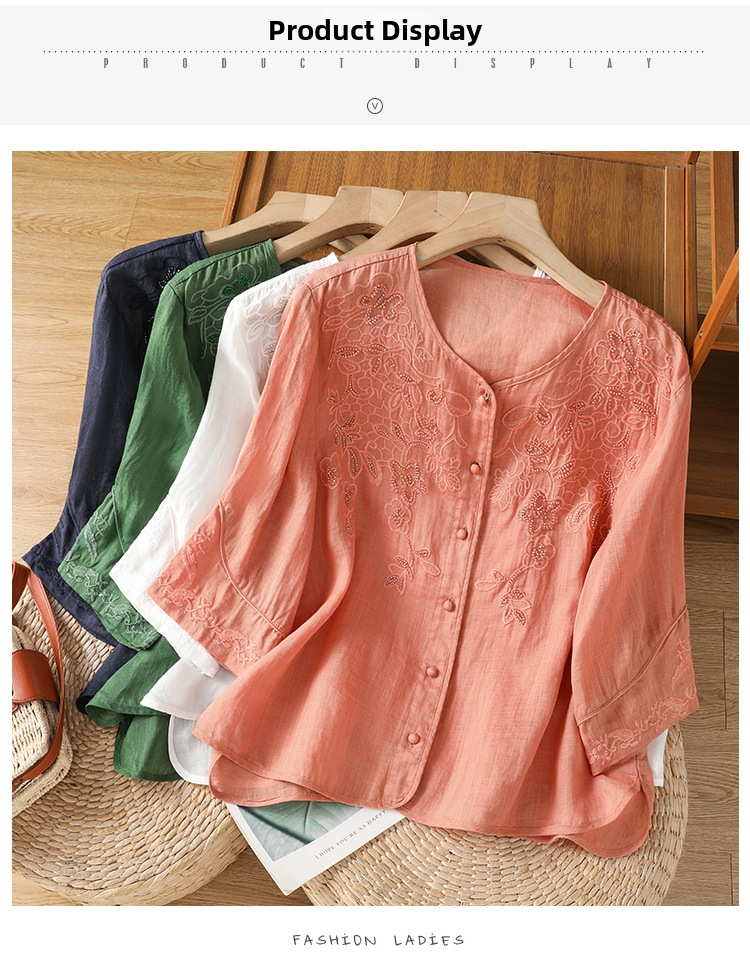Damen Bluse Im Chinesischen Stil Mit Stickerei Und V-ausschnitt_voghion.com