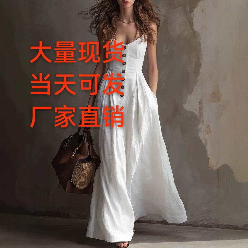 Cross-border Amazon suspender dress, elegant white button dress, slimming V-neck, bohemian style