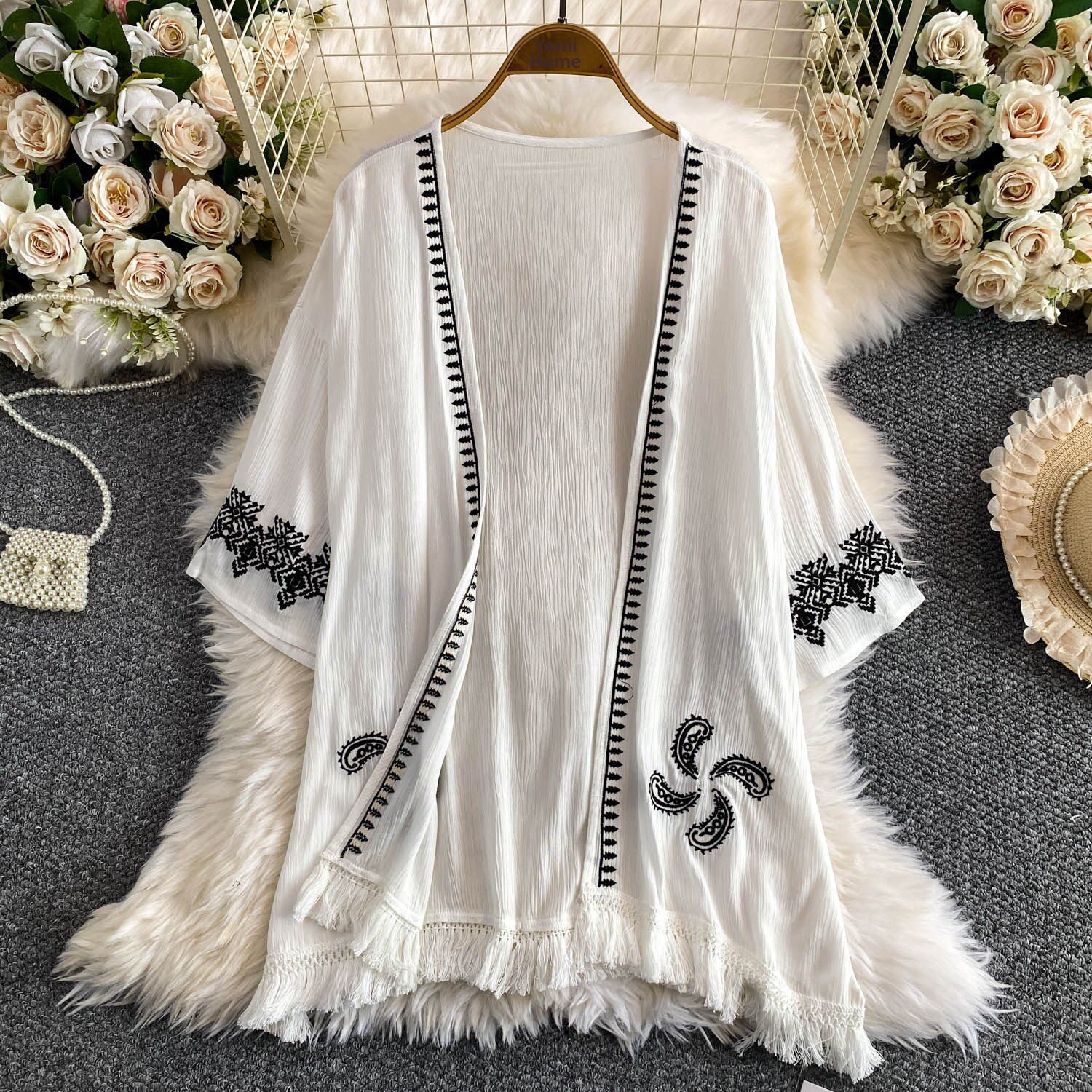 Women's Lightweight Sun Protective Loose Fit Breathable Long Sleeve Embroidered Jacket Mid-Length Elegant Stylish Top with Tassels for Summer_ecoleips.com