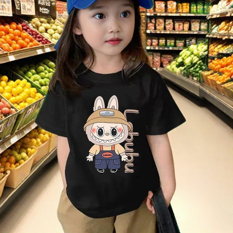 拉布布labubu新款儿童短袖T恤洋气夏季女童休闲百搭纯棉上衣卡通|undefined