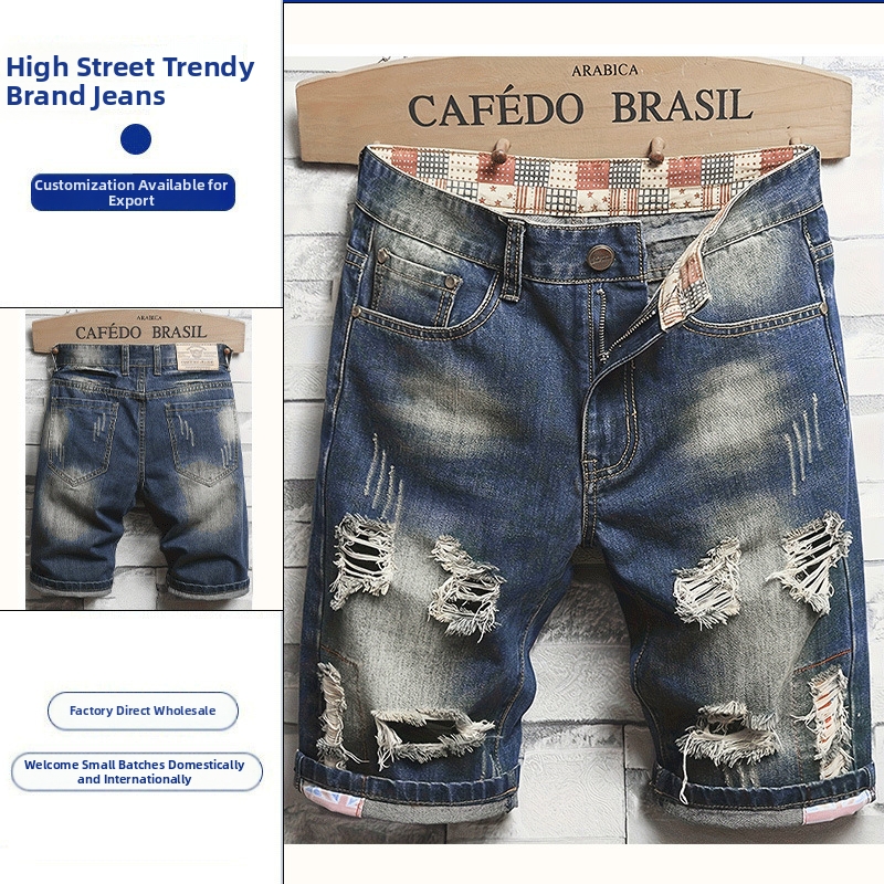 Abbigliamento uomo: pantaloncini di media lunghezza in jeans strappati alla moda, disponibili in tre colori per un look personalizzato._voghion.com