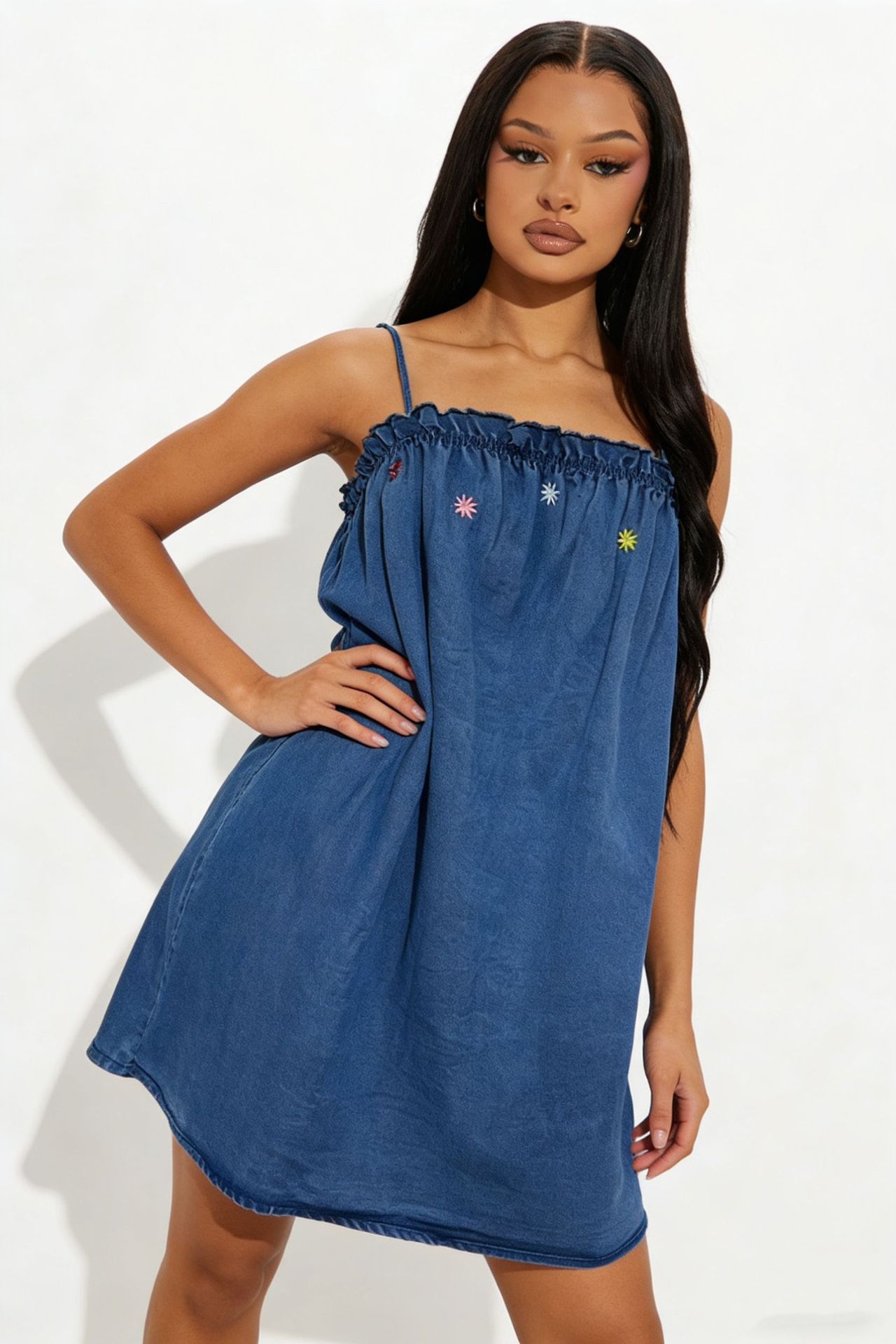 Women's Clothing Fresh Floral Embroidery Denim Suspender Dress Loose A-Line Skirt_ecoleips.com