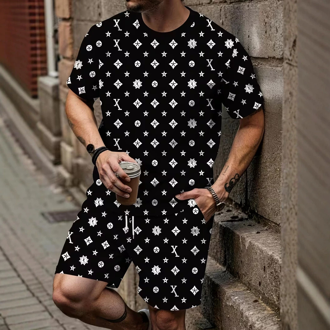 Herren-Set aus Kurzarmhemd und Shorts mit 3D-Druck – Lässiges und bequemes Outfit aus Bambus-Baumwoll-Mischgewebe_voghion.com