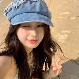 毛须边牛仔鸭舌帽女春夏季新款纯色百搭遮脸盆帽街头遮阳报童帽子