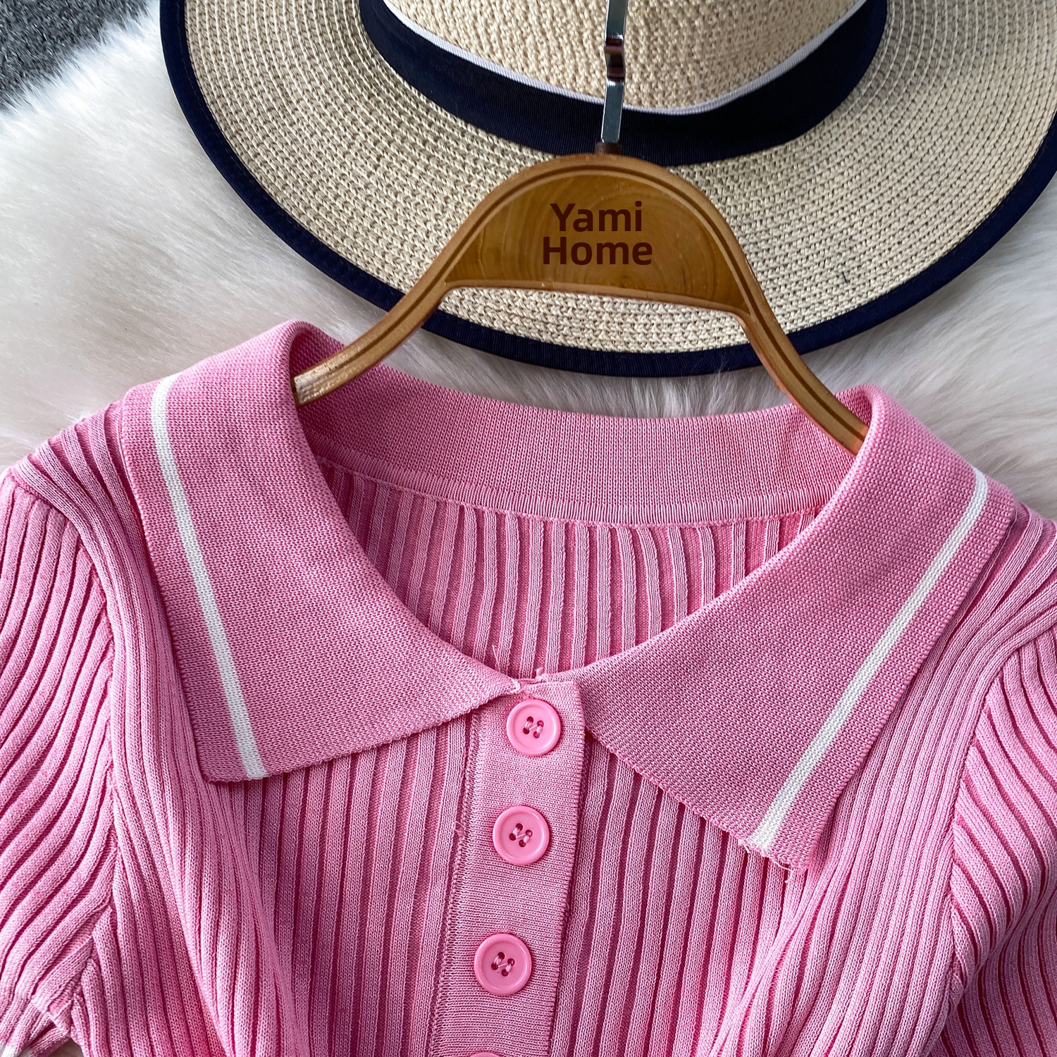 Women's Clothing Korean Style Slimming Collar T-Shirt Preppy Striped Knit Top Single Breasted Sweet Chic Versatile For Summer_ecoleips.com