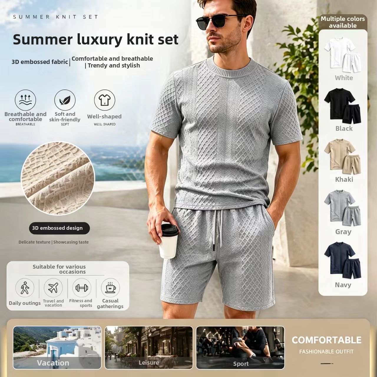 Men's Jacquard Print Short Sleeve Polo & Shorts Set, Breathable Quick-Dry Summer Sportswear For Casual & Active Lifestyle_viptrois.com
