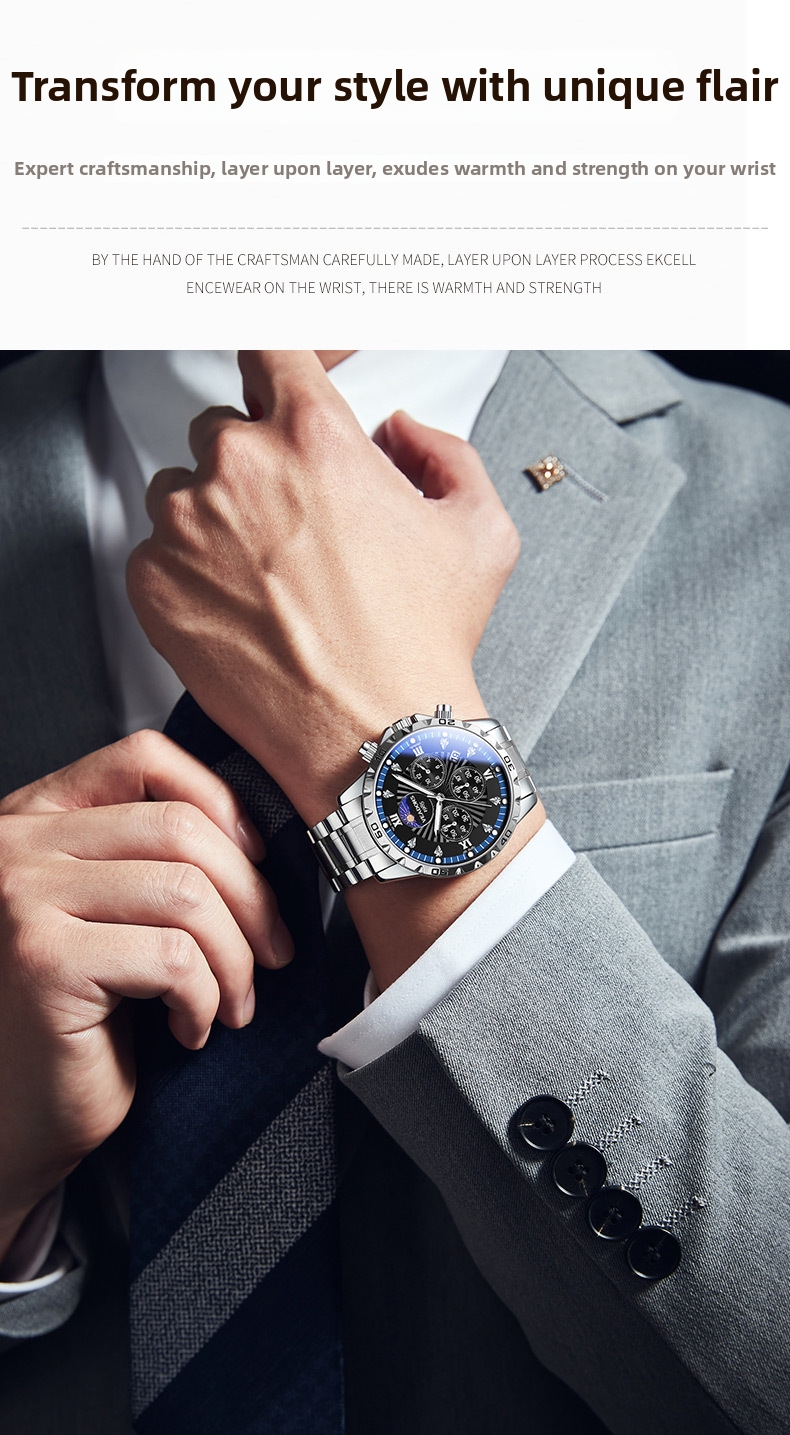 Herren Business Quarzuhr Mit Mondphase Und Chronograph_voghion.com