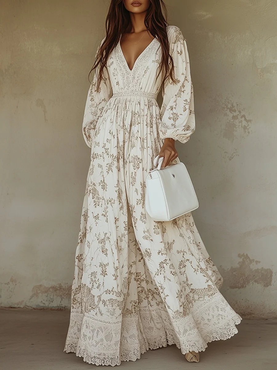 Bohemian Western Lace Trim Dress – Long Sleeve Floral Print Maxi Dress For Women_ecoleips.com