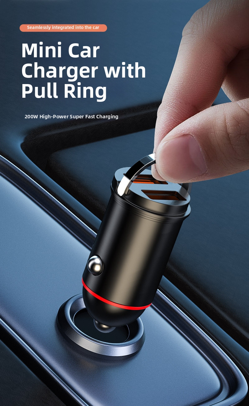 Nuovo caricabatteria da auto con anello di trazione, doppio USB, ricarica rapida, multifunzionale, accendisigari, mini accessorio di ricarica flash nascosto da 200 W_voghion.com