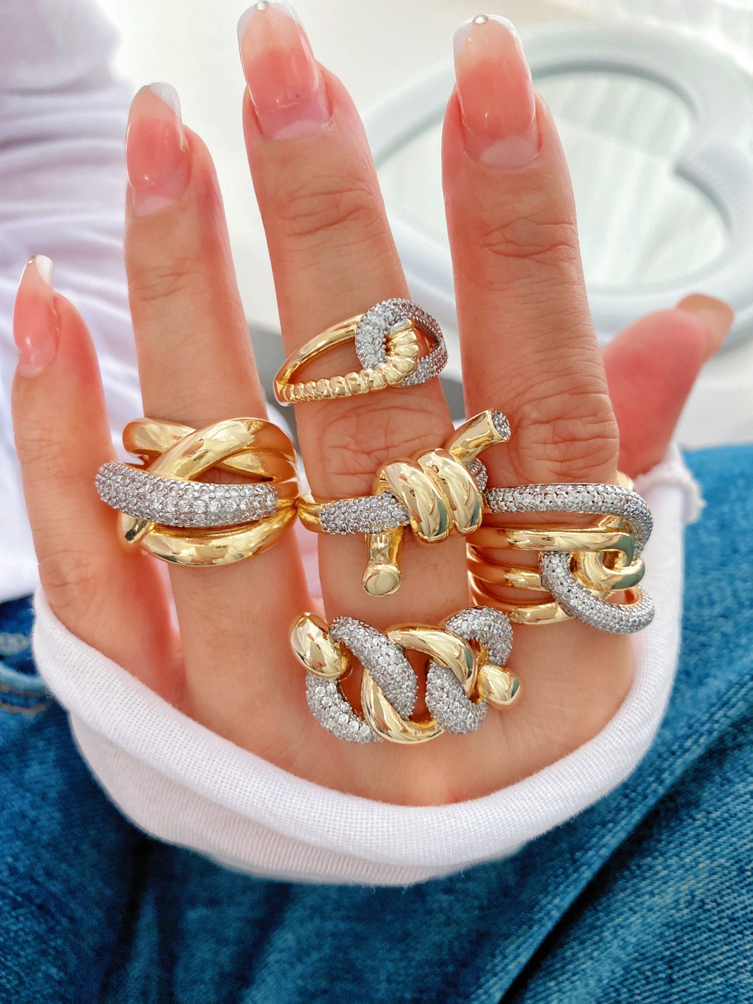 1 Piece Quantity Wholesale Jewelry IG Style Irregular Copper Zircon 18K Gold Plated Mixed Metal Plating Inlay Open Rings