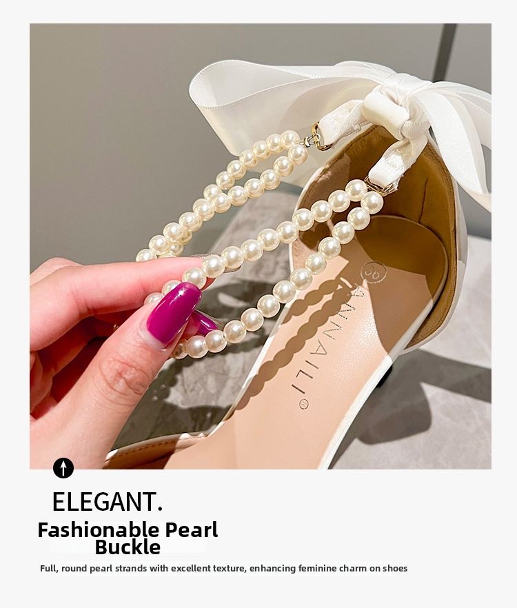 Women's French Style Elegant High Heels Pointed Toe Hollow Pearl Chain Bow Stiletto Pumps White Wedding Shoes Chunky Heel Plus Size_vogvips.com