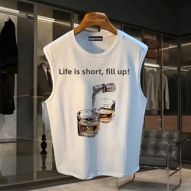Men's Heavyweight Pure Cotton Vest Trendy Printed Loose Summer Sports Fitness Sleeveless T-Shirt Exclusive_viptrois.com