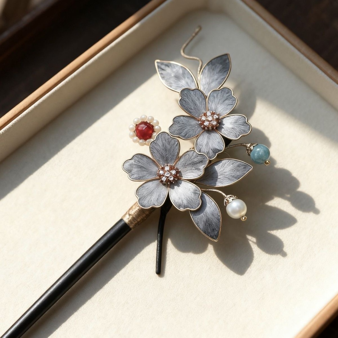 非遗掐丝绒花蚕丝复古汉服配饰日常发夹边夹新中式古风百搭38灰色